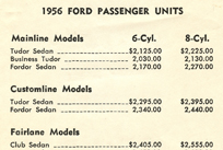 1956 Ford Car & Accessory Original Prices