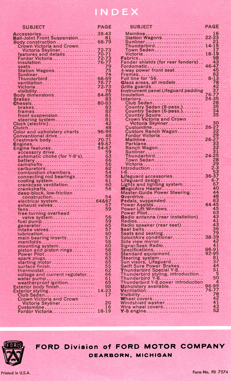 All The Facts About The '56 Ford Booklet Index