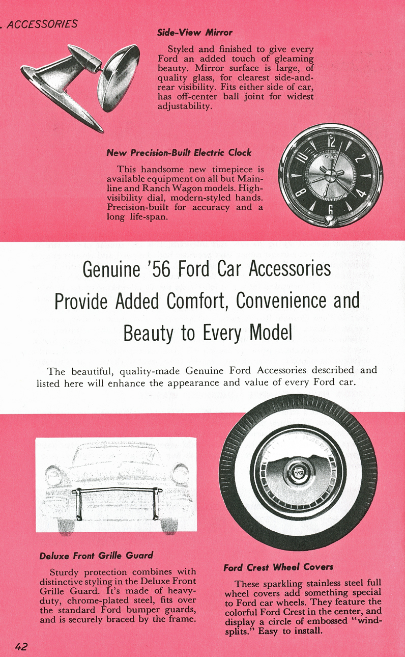 All The Facts Page 42   Side-View Mirror   New Precision-Built Electric Clock   Deluxe Front Grille Guard   Ford Crest Wheel Covers