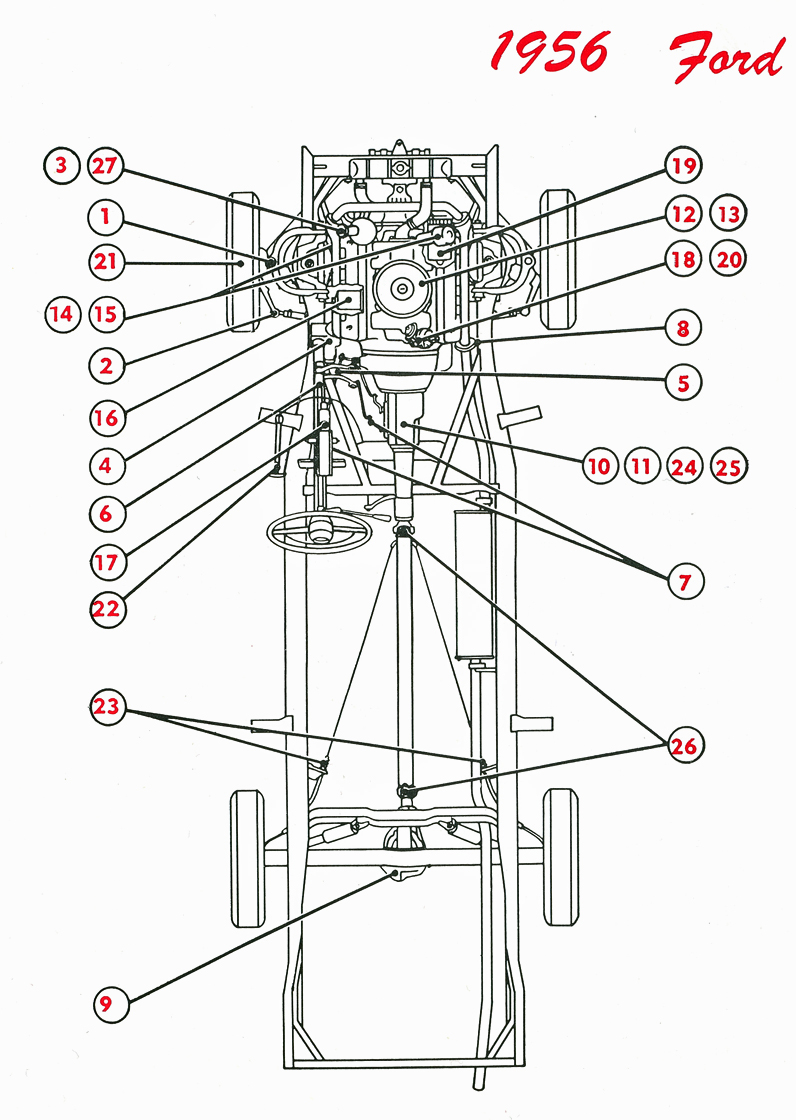 1956 Ford Lubrication Diagram Showing 27 Items To Lubricate