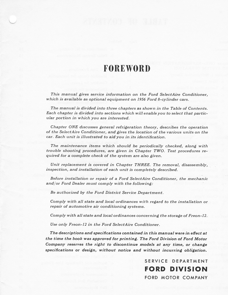 1956 Ford Car Air Conditioning Shop Manual  page 1 - "SelectAire Conditioner"