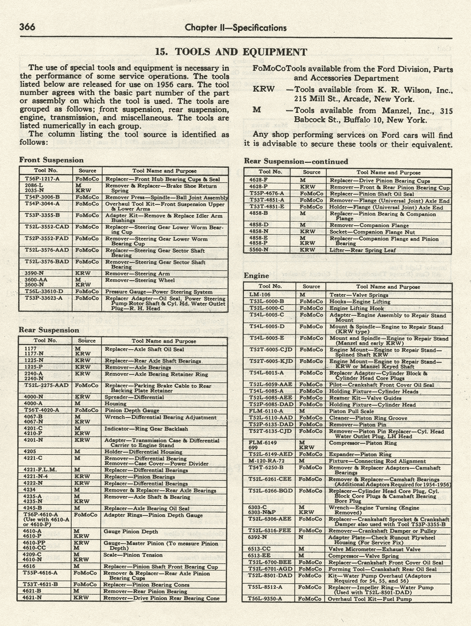 1956 Ford Shop Manual Tuneup Specifications Page 366