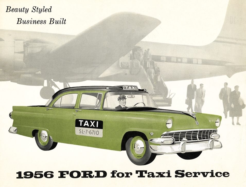 1956 Ford for Taxi Service brochure cover - illustration of black & green Mainline Fordor Sedan Taxi at airport