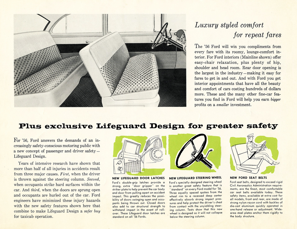 Luxury styled comfort - b/w illustration of Taxi interior plus Lifeguard Design door latches, steering wheel, & seat belts